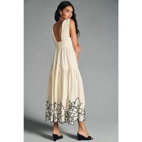 New Anthropologie Forever That Girl Tiered Deep V Cream Embroidered Dress L - Picture 3 of 12